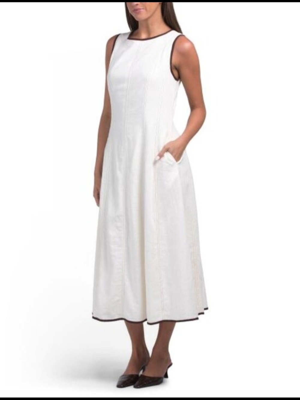 NICOLE MILLER White LinenMidi Dress with Contrast BrownTrim